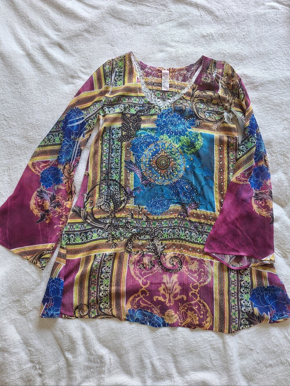 S-Twelve Y2K Boho Embellished Rhinestone Lace Bell Sleeve Tunic Top S
